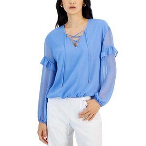 I.N.C. International Concepts Blue Lace-Up Ruffle-Sleeve Blouse NWT